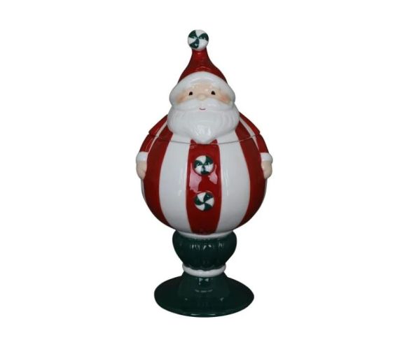 Bonbonnière porcelaine brillante Père Noël rouge rayé blanc bonbons sucre orge couvercle socle vert H27cm - Lilosquare