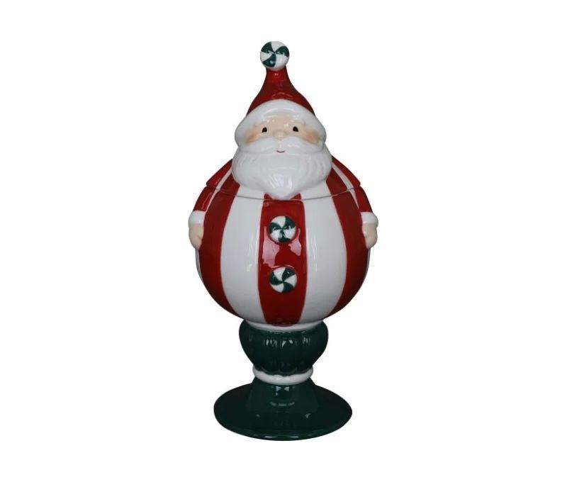 Bonbonnière porcelaine brillante Père Noël rouge rayé blanc bonbons sucre orge couvercle socle vert H27cm - Lilosquare