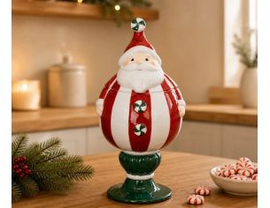 Bonbonnière porcelaine brillante Père Noël rouge rayé blanc bonbons sucre orge couvercle socle vert H27cm - Lilosquare