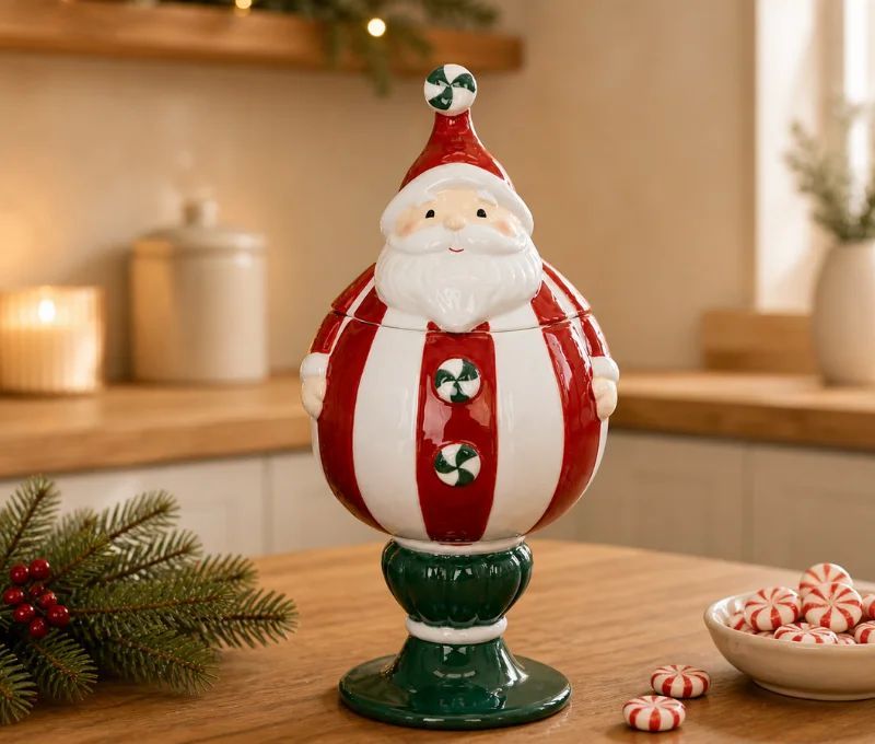 Bonbonnière porcelaine brillante Père Noël rouge rayé blanc bonbons sucre orge couvercle socle vert H27cm - Lilosquare