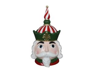 Bonbonnière céramique brillante casse-noisette tête roi couronne verte rouge blanc sucre orge fleur de lys dorée H30cm