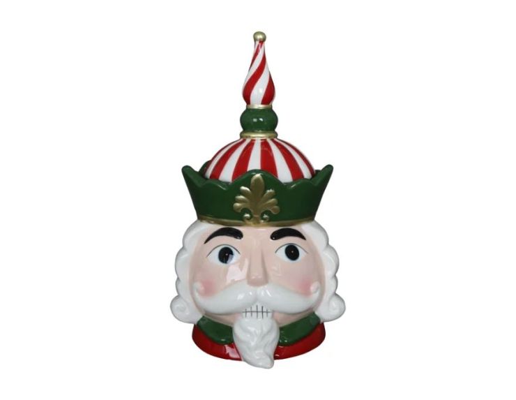 Bonbonnière céramique brillante casse-noisette tête roi couronne verte rouge blanc sucre orge fleur de lys dorée H30cm