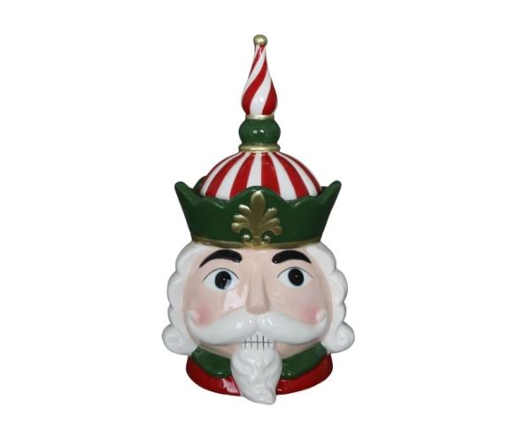 Bonbonnière céramique brillante casse-noisette tête roi couronne verte rouge blanc sucre orge fleur de lys dorée H30cm