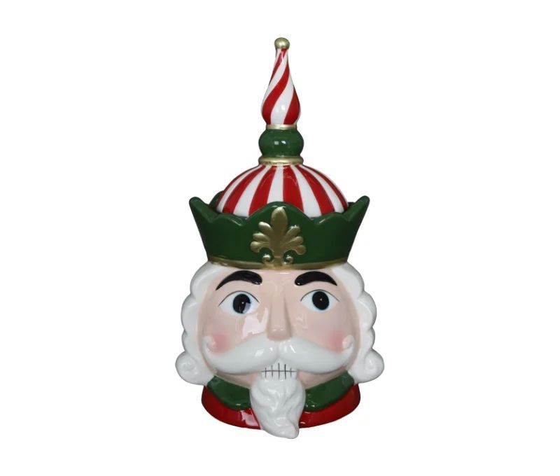 Bonbonnière céramique brillante casse-noisette tête roi couronne verte rouge blanc sucre orge fleur de lys dorée H30cm