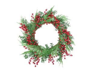 Couronne de Noël artificielle baies rouges cyprès buis feuillage vert base osier Ø60cm - Lilosquare