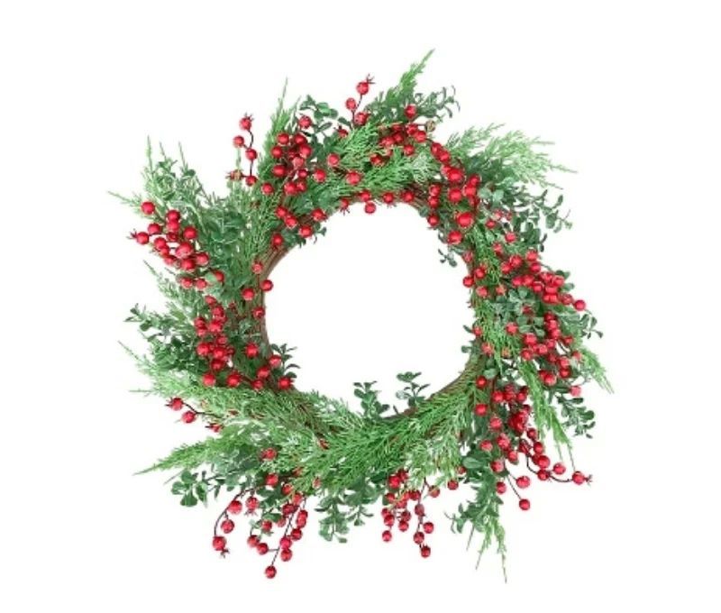 Couronne de Noël artificielle baies rouges cyprès buis feuillage vert base osier Ø60cm - Lilosquare