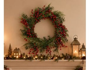 Couronne de Noël artificielle baies rouges cyprès buis feuillage vert base osier Ø60cm - Lilosquare