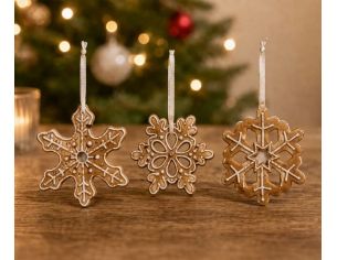 Set 3 suspensions Noël céramique flocons pain d'épices caramel glaçage blanc ruban blanc H9cm - Lilosquare