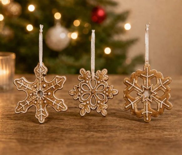 Set 3 suspensions Noël céramique flocons pain d'épices caramel glaçage blanc ruban blanc H9cm - Lilosquare