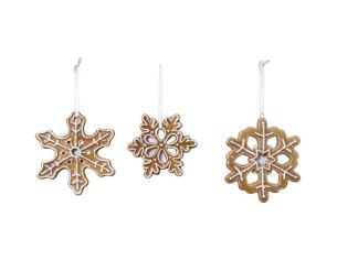 Set 3 suspensions Noël céramique flocons pain d'épices caramel glaçage blanc ruban blanc H9cm - Lilosquare