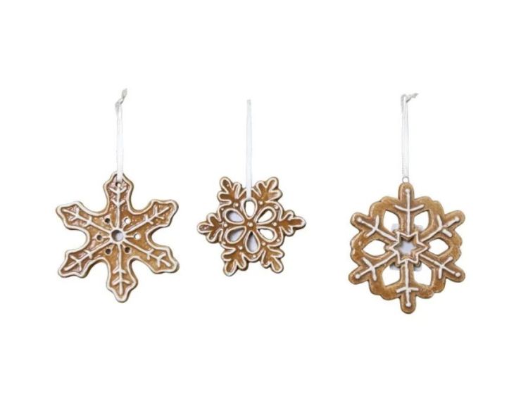 Set 3 suspensions Noël céramique flocons pain d'épices caramel glaçage blanc ruban blanc H9cm - Lilosquare