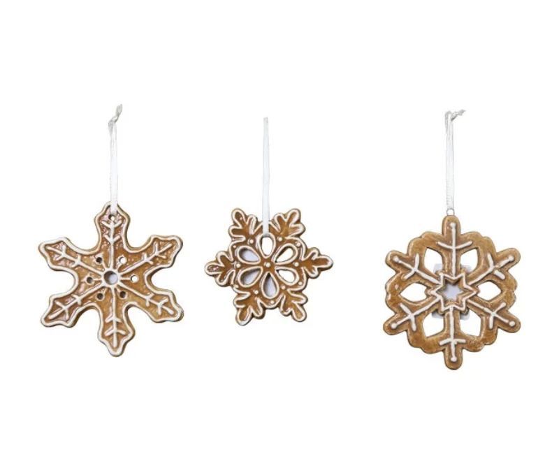 Set 3 suspensions Noël céramique flocons pain d'épices caramel glaçage blanc ruban blanc H9cm - Lilosquare
