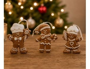 Set 3 suspensions Noël céramique personnages pain d'épices cuisinier toque blanche glaçage blanc ruban H9cm - Lilosquare