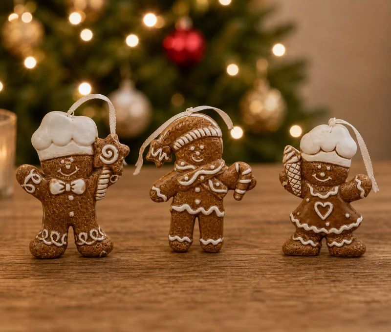 Set 3 suspensions Noël céramique personnages pain d'épices cuisinier toque blanche glaçage blanc ruban H9cm - Lilosquare