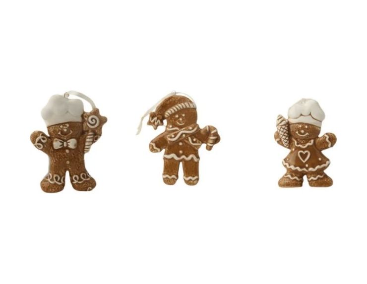 Set 3 suspensions Noël céramique personnages pain d'épices cuisinier toque blanche glaçage blanc ruban H9cm - Lilosquare