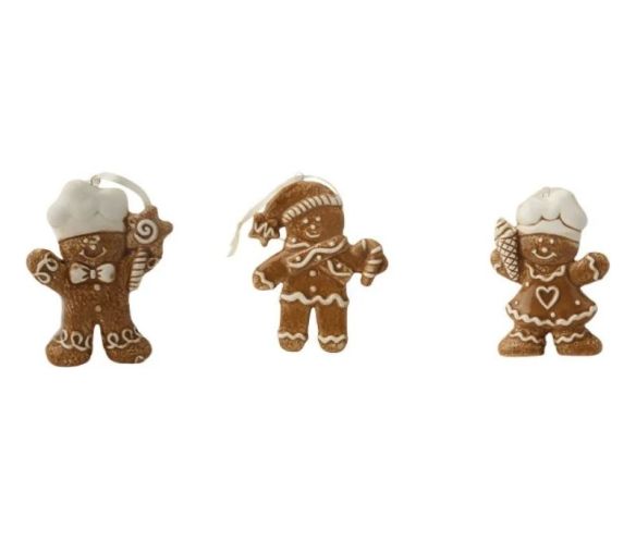 Set 3 suspensions Noël céramique personnages pain d'épices cuisinier toque blanche glaçage blanc ruban H9cm - Lilosquare