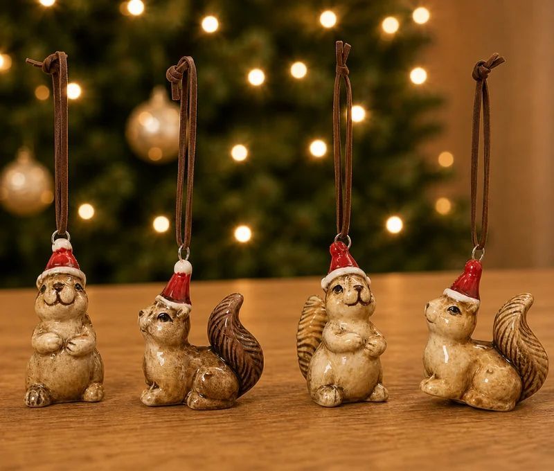 Set de 4 suspensions écureuils en céramique avec bonnet de Noël rouge H6cm - Lilosquare