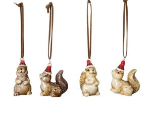 Set de 4 suspensions écureuils en céramique avec bonnet de Noël rouge H6cm - Lilosquare