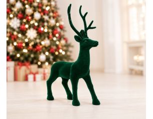 Grand renne décoratif en velours vert sapin floqué avec bois H74cm - Lilosquare