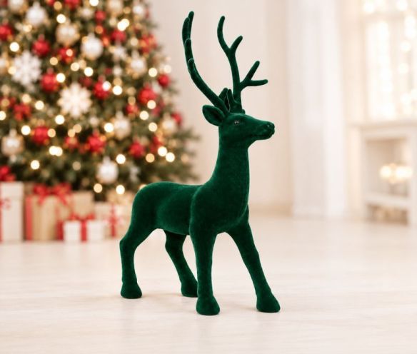 Grand renne décoratif en velours vert sapin floqué avec bois H74cm - Lilosquare