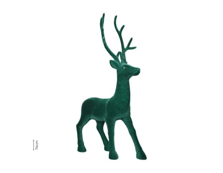 Grand renne décoratif en velours vert sapin floqué avec bois H74cm - Lilosquare