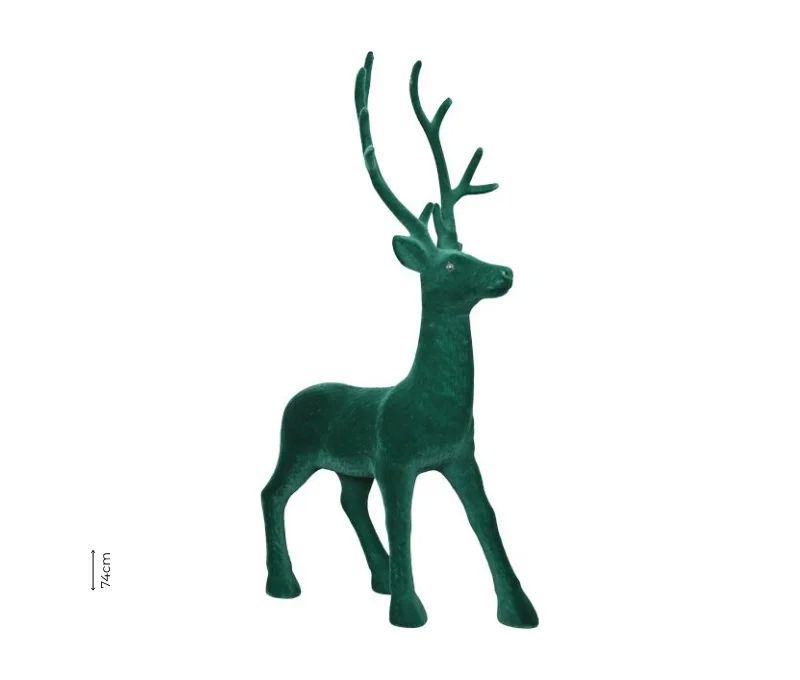 Grand renne décoratif en velours vert sapin floqué avec bois H74cm - Lilosquare