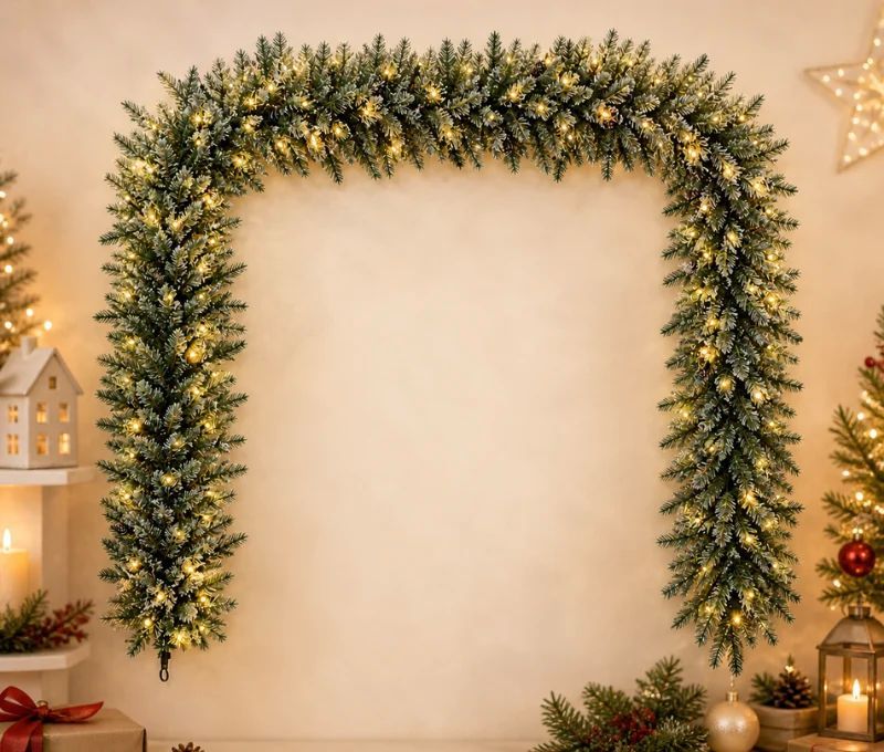 Guirlande de sapin artificielle enneigée avec LED blanc chaud et pommes de pin 270cm - Lilosquare