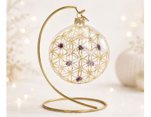 Boule de Noël transparente verre soufflé Fleur de Vie dorée 19 pierres semi-précieuses quartz améthyste D10cm - Lilosquare