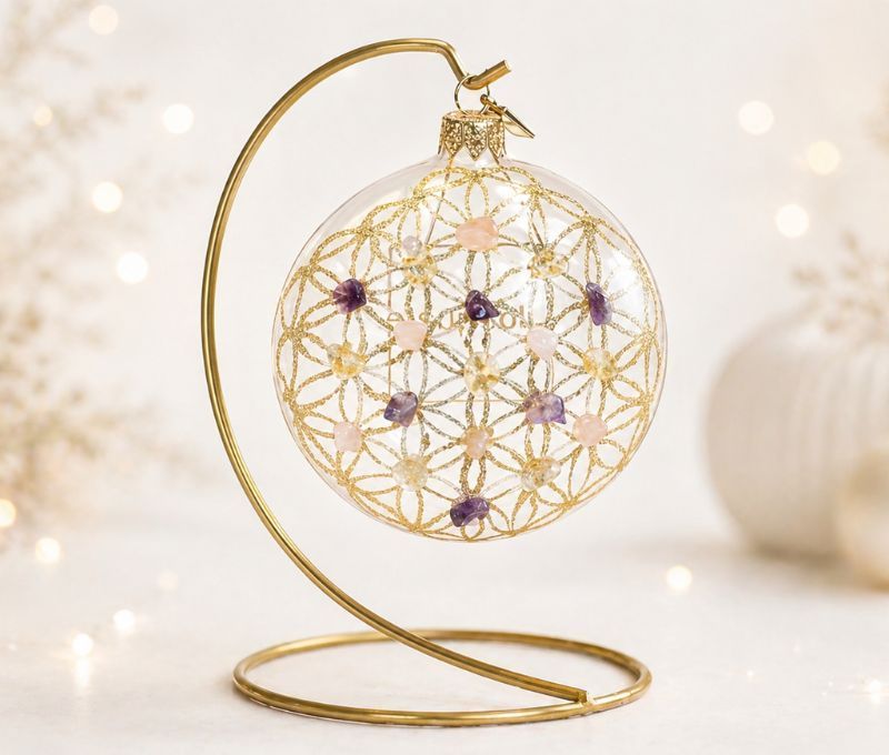 Boule de Noël transparente verre soufflé Fleur de Vie dorée 19 pierres semi-précieuses quartz améthyste D10cm - Lilosquare