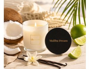 Bougie parfumée en cire de soja aux notes estivales de vanille, lait de coco et citron vert. 120gr de cire, 25h de brûlage.