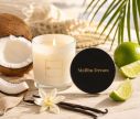 Voir la slide Bougie parfumée en cire de soja aux notes estivales de vanille, lait de coco et citron vert. 120gr de cire, 25h de brûlage.