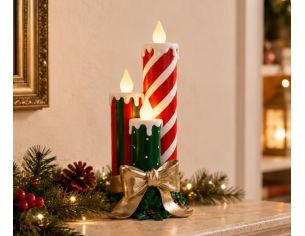 Trio de bougies LED décoratives en résine rouge et vert style sucre d'orge flamme vacillante nœud doré houx H41cm - Lilosquare