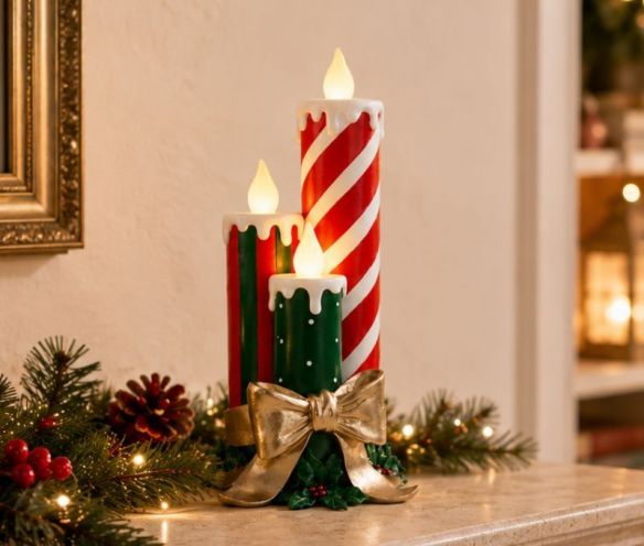 Trio de bougies LED décoratives en résine rouge et vert style sucre d'orge flamme vacillante nœud doré houx H41cm - Lilosquare