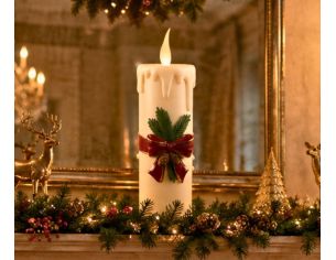 Grande bougie blanche vintage LED effet cire fondue nœud rouge branches sapin pommes de pin H56cm - Lilosquare