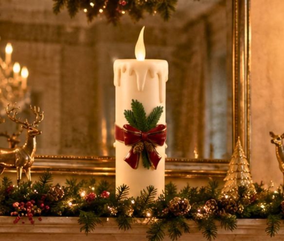 Grande bougie blanche vintage LED effet cire fondue nœud rouge branches sapin pommes de pin H56cm - Lilosquare