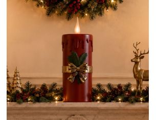 Grande bougie rouge vintage LED effet cire fondue ruban doré détails relief flamme scintillante H44cm - Lilosquare