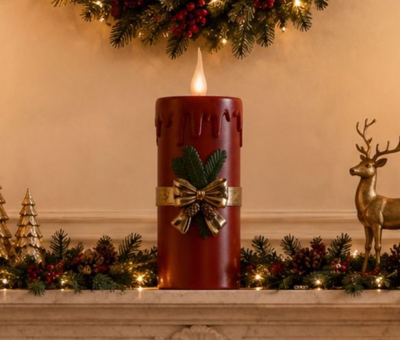 Grande bougie rouge vintage LED effet cire fondue ruban doré détails relief flamme scintillante H44cm - Lilosquare