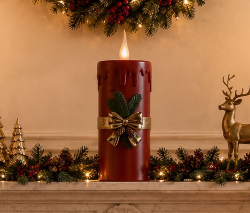 Grande bougie rouge vintage LED effet cire fondue ruban doré détails relief flamme scintillante H44cm - Lilosquare
