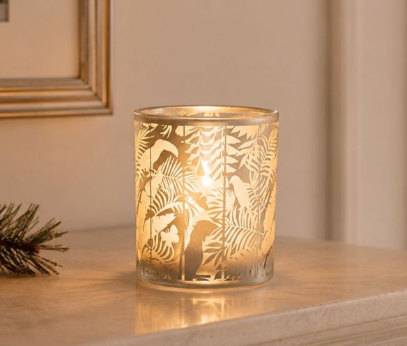 Bougeoir photophore en verre sérigraphié motif tropical jungle feuilles dorées H8cm D7cm - Lilosquare
