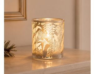 Bougeoir photophore en verre sérigraphié motif tropical jungle feuilles dorées H9cm D8cm - Lilosquare