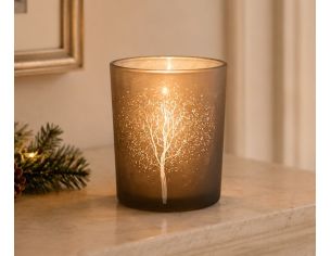 Photophore en verre brun givré sérigraphié arbre hivernal et poudre de neige H12cm - Lilosquare