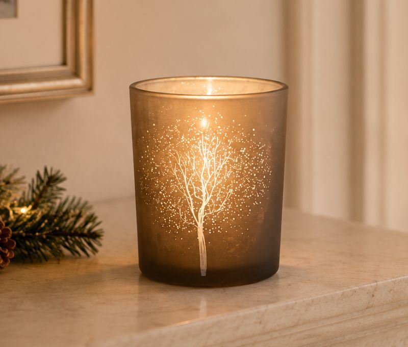 Photophore en verre brun givré sérigraphié arbre hivernal et poudre de neige H12cm - Lilosquare