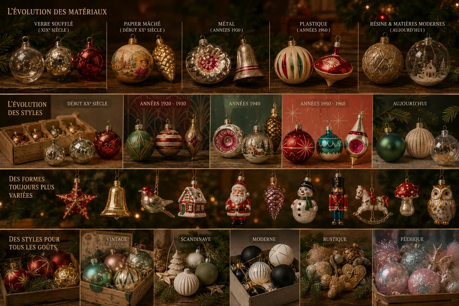 Frise chronologique de l'évolution des matériaux et des styles de boules de Noël