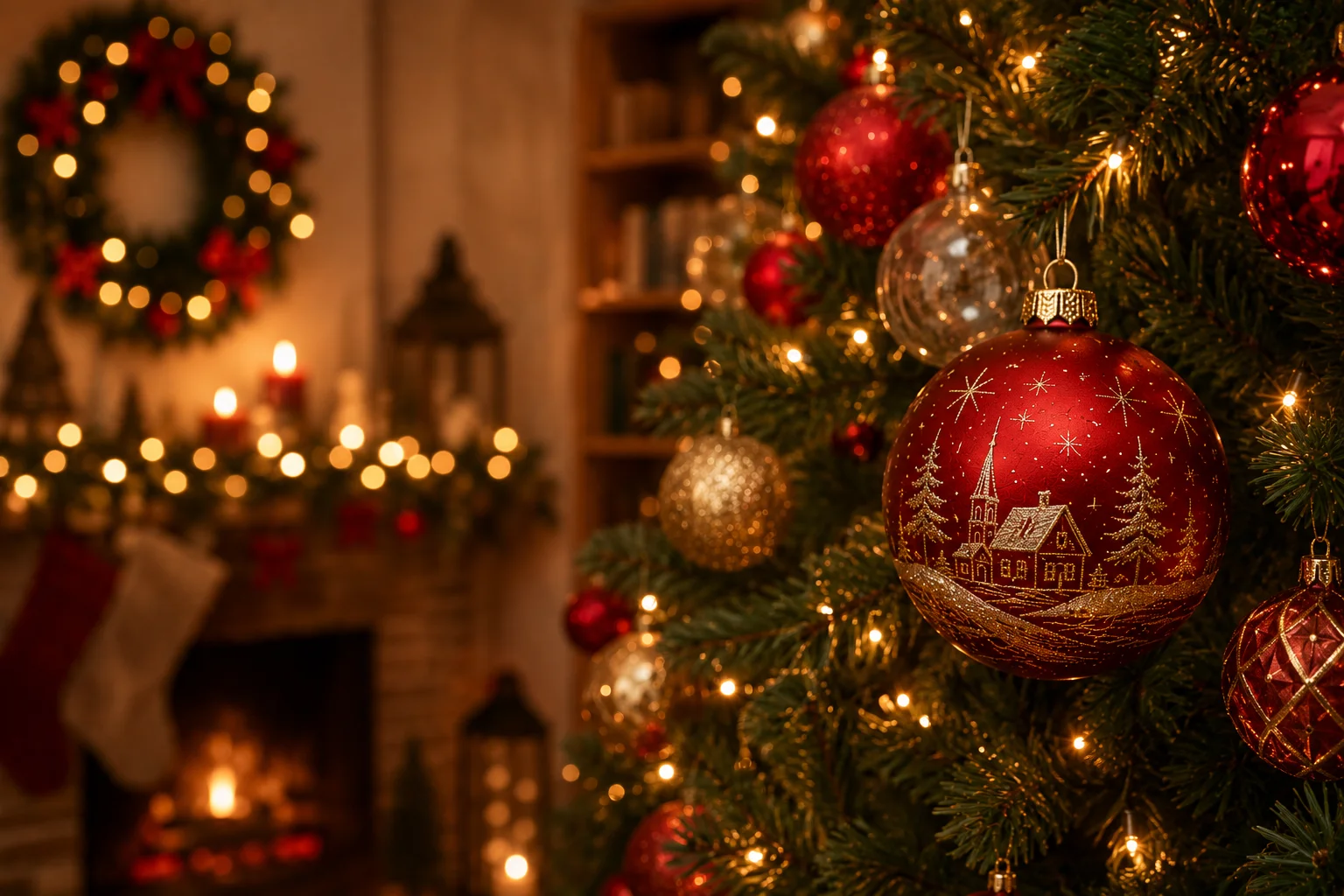 Boule de Noël rouge et dorée peinte à la main sur le sapin