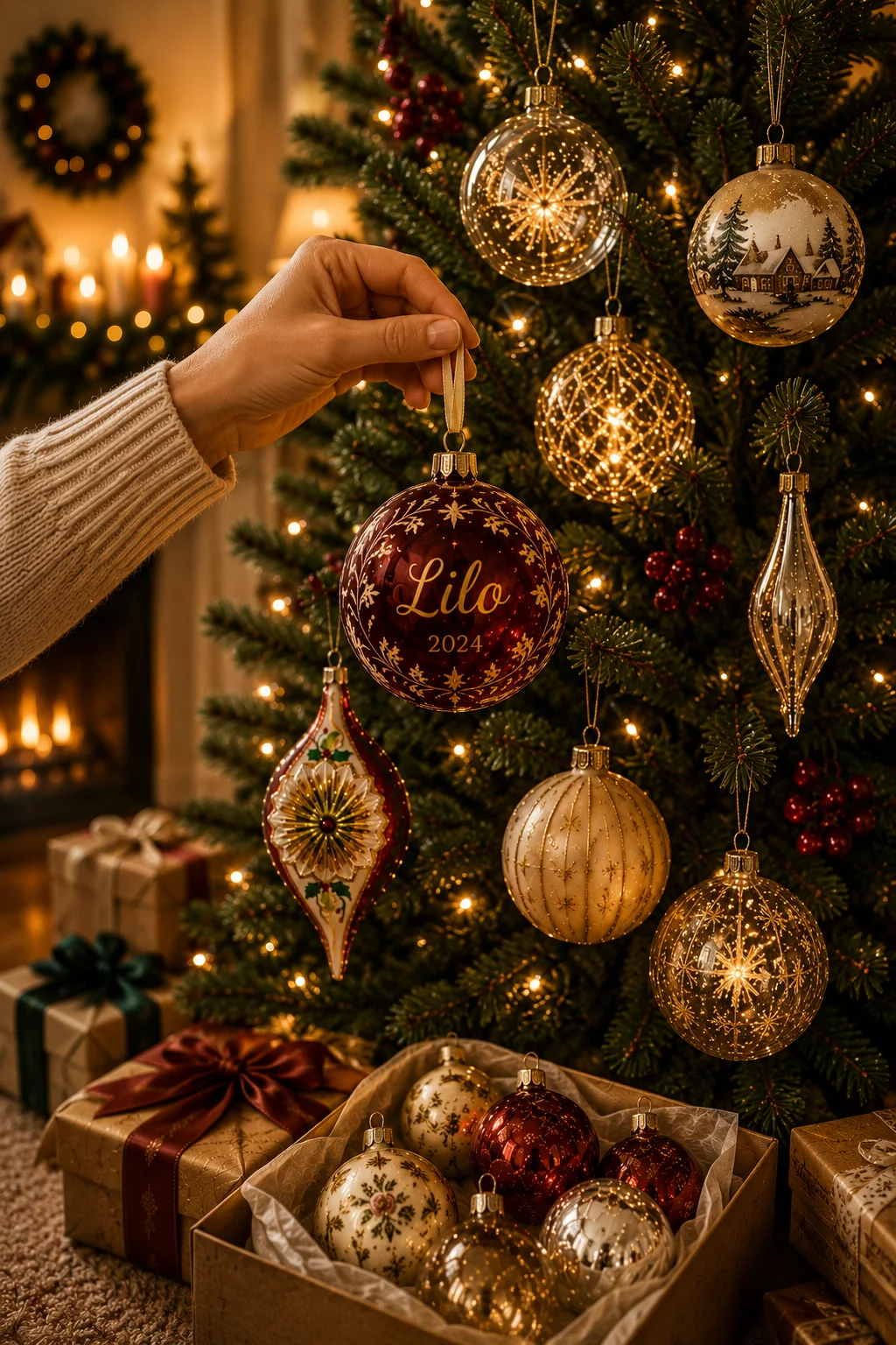 Boule de Noël personnalisée avec un prénom, suspendue au sapin